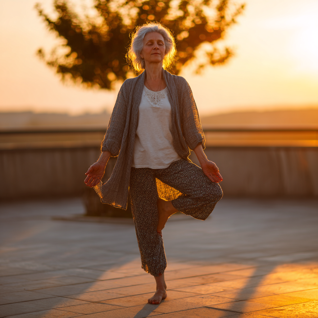 Жінка практикує йогу на світанку в спокійній обстановці